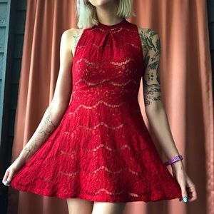 red lace high necked mini dress